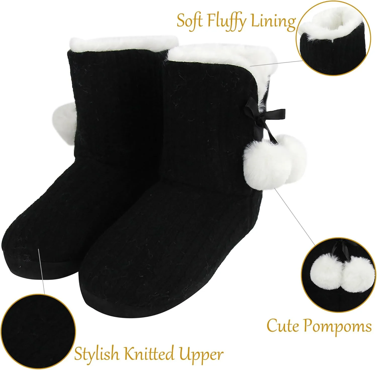Women's Knit Slippers Indoor Warm Fluffy Home Bootie Slippers Anti-Slip House Shoes with Cute Pom Poms Soft Cozy Ankle Boots for Women