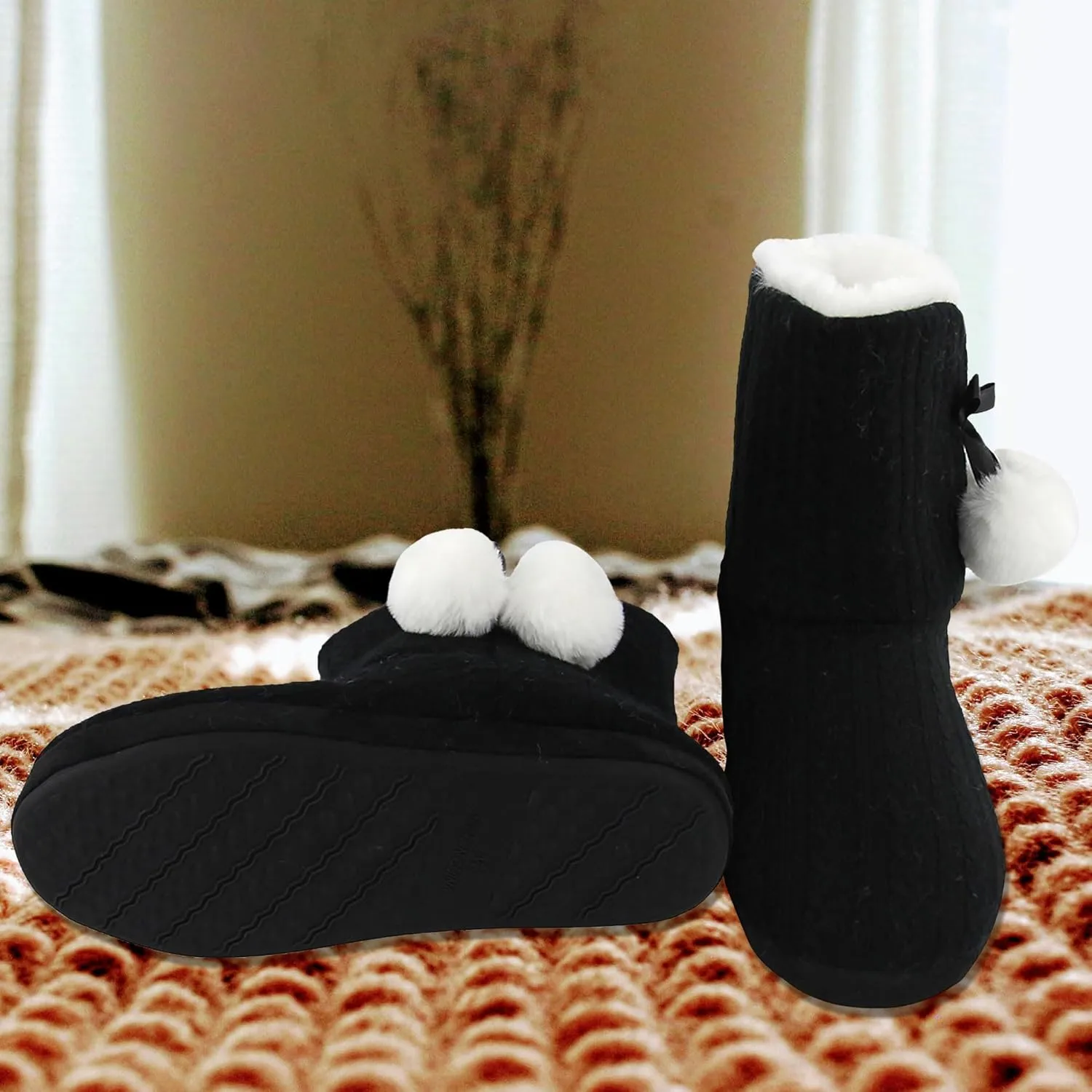 Women's Knit Slippers Indoor Warm Fluffy Home Bootie Slippers Anti-Slip House Shoes with Cute Pom Poms Soft Cozy Ankle Boots for Women