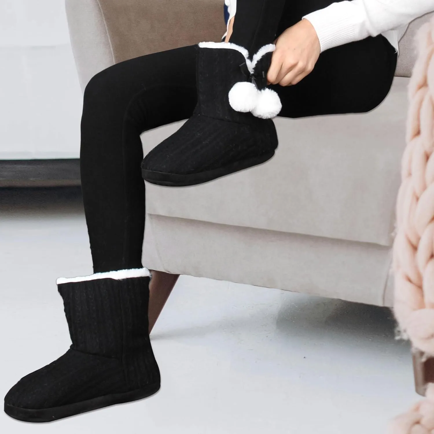 Women's Knit Slippers Indoor Warm Fluffy Home Bootie Slippers Anti-Slip House Shoes with Cute Pom Poms Soft Cozy Ankle Boots for Women