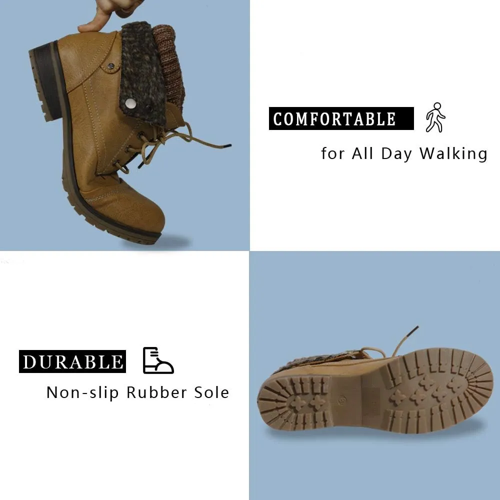 Women’s Knitted Cuff Ankle Booties Lace up Combat Boots Folded Collar Stylish Snow Boots Hiking Shoes