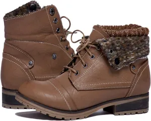Women’s Knitted Cuff Ankle Booties Lace up Combat Boots Folded Collar Stylish Snow Boots Hiking Shoes