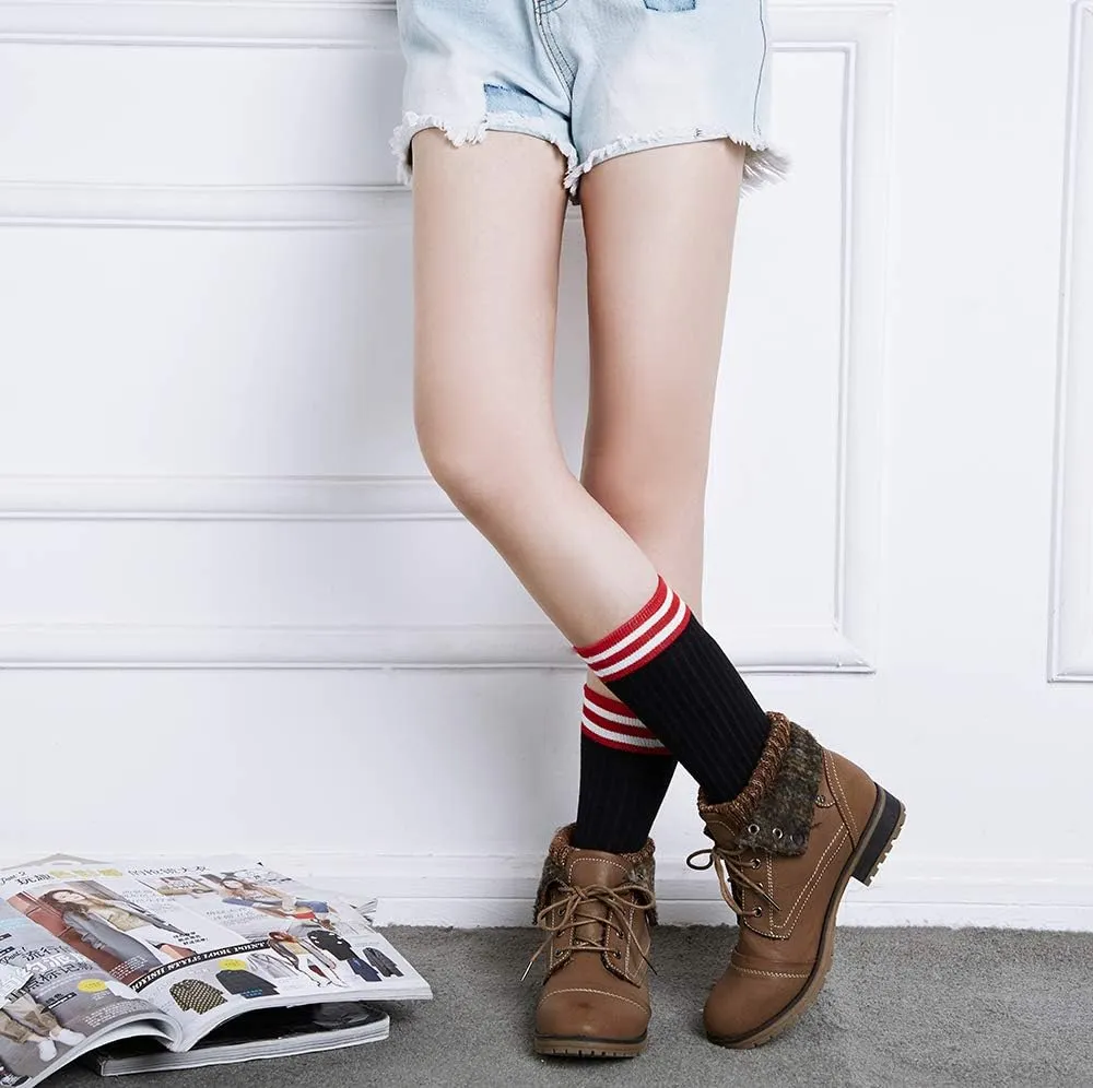 Women’s Knitted Cuff Ankle Booties Lace up Combat Boots Folded Collar Stylish Snow Boots Hiking Shoes