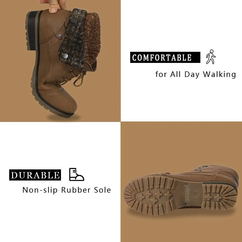 Women’s Knitted Cuff Ankle Booties Lace up Combat Boots Folded Collar Stylish Snow Boots Hiking Shoes