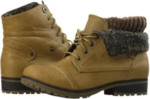 Women’s Knitted Cuff Ankle Booties Lace up Combat Boots Folded Collar Stylish Snow Boots Hiking Shoes
