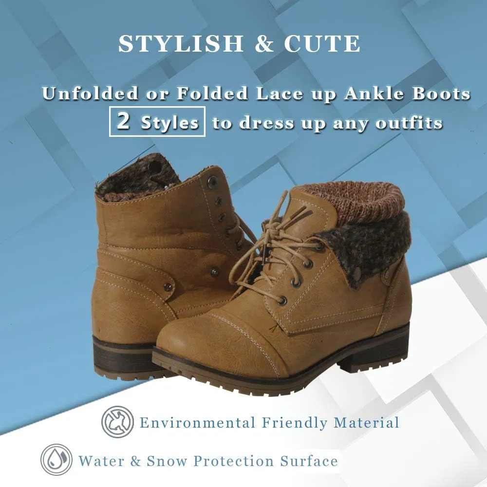 Women’s Knitted Cuff Ankle Booties Lace up Combat Boots Folded Collar Stylish Snow Boots Hiking Shoes