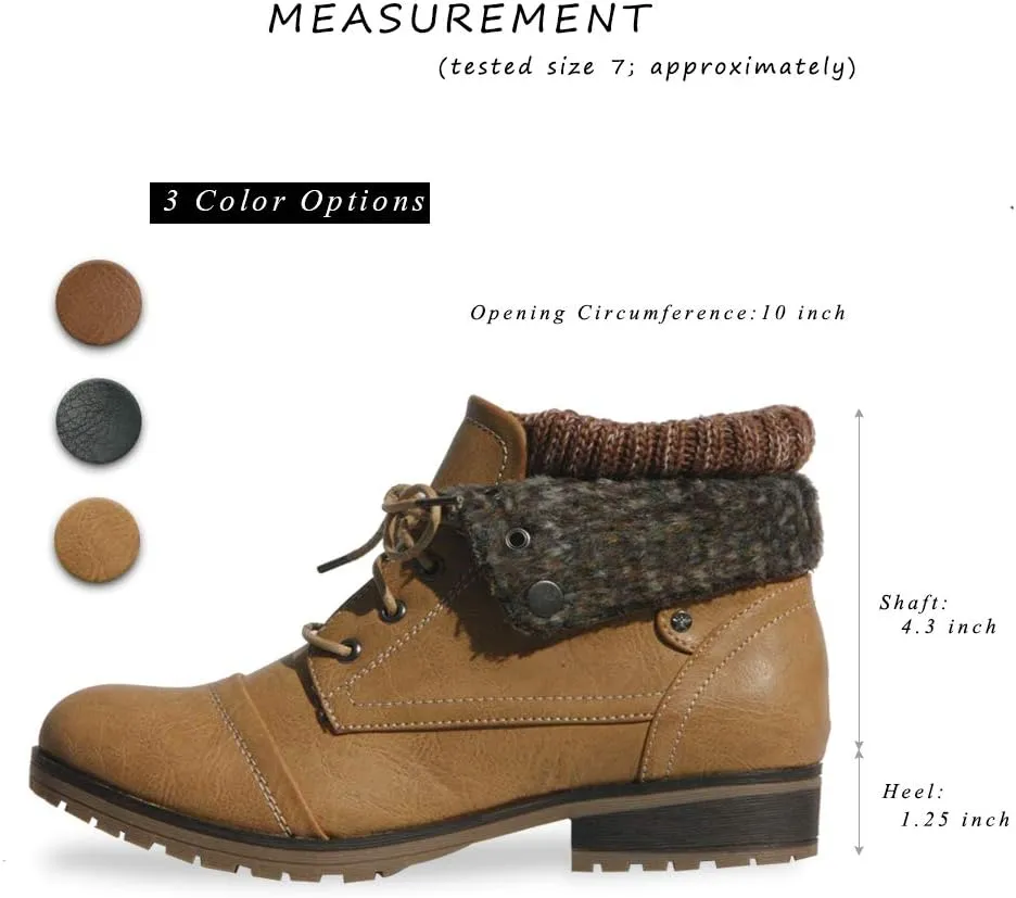 Women’s Knitted Cuff Ankle Booties Lace up Combat Boots Folded Collar Stylish Snow Boots Hiking Shoes