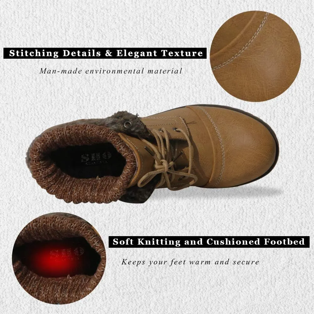 Women’s Knitted Cuff Ankle Booties Lace up Combat Boots Folded Collar Stylish Snow Boots Hiking Shoes