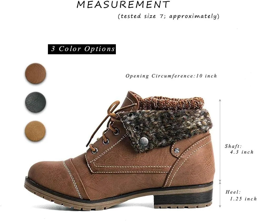 Women’s Knitted Cuff Ankle Booties Lace up Combat Boots Folded Collar Stylish Snow Boots Hiking Shoes