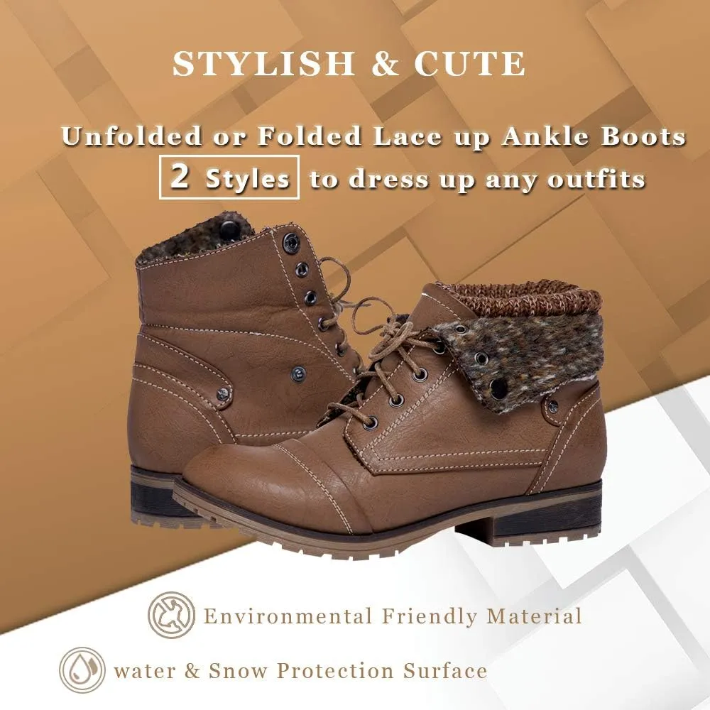 Women’s Knitted Cuff Ankle Booties Lace up Combat Boots Folded Collar Stylish Snow Boots Hiking Shoes