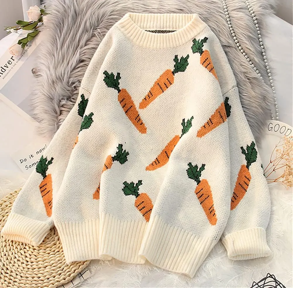 Womens Knitted Orange Sweater Casual Loose Long Sleeve Pullover Sweater Tops