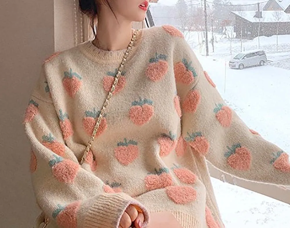Womens Knitted Orange Sweater Casual Loose Long Sleeve Pullover Sweater Tops