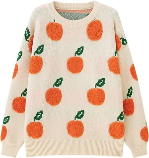 Womens Knitted Orange Sweater Casual Loose Long Sleeve Pullover Sweater Tops