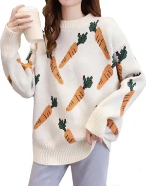 Womens Knitted Orange Sweater Casual Loose Long Sleeve Pullover Sweater Tops