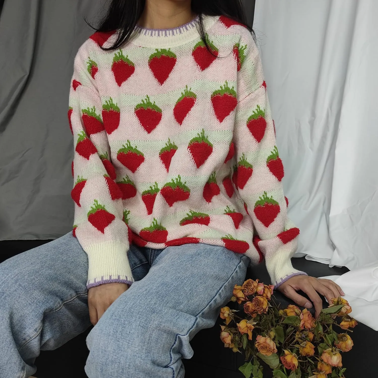 Womens Knitted Orange Sweater Casual Loose Long Sleeve Pullover Sweater Tops