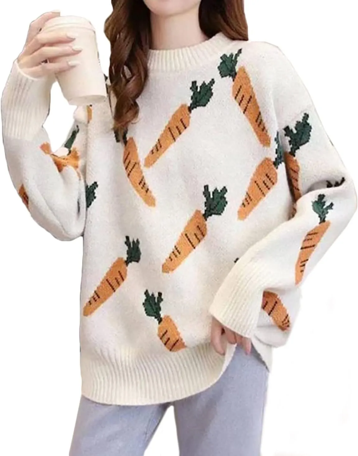 Womens Knitted Orange Sweater Casual Loose Long Sleeve Pullover Sweater Tops