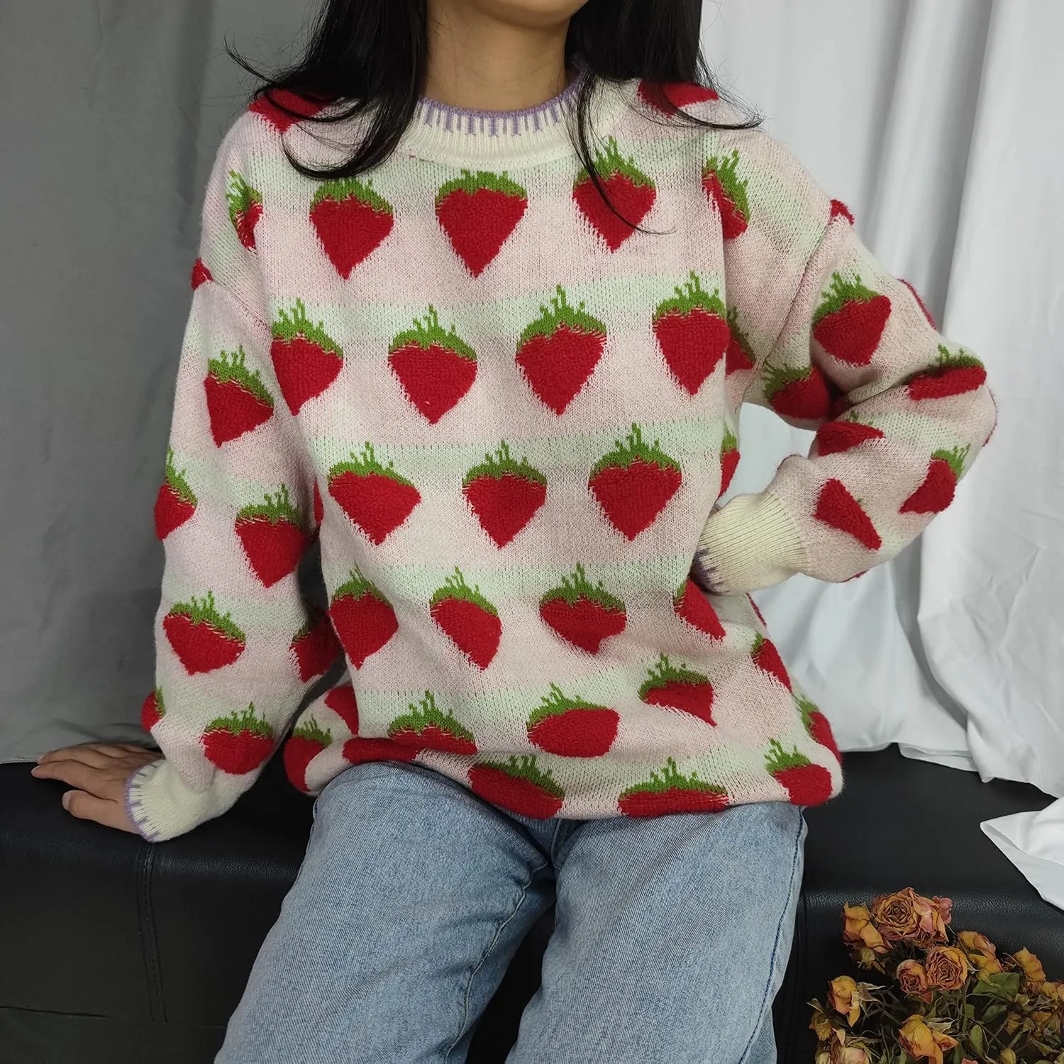 Womens Knitted Orange Sweater Casual Loose Long Sleeve Pullover Sweater Tops