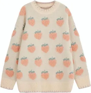 Womens Knitted Orange Sweater Casual Loose Long Sleeve Pullover Sweater Tops