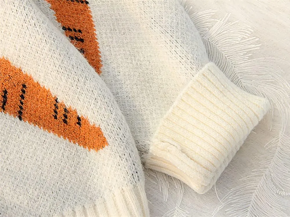 Womens Knitted Orange Sweater Casual Loose Long Sleeve Pullover Sweater Tops