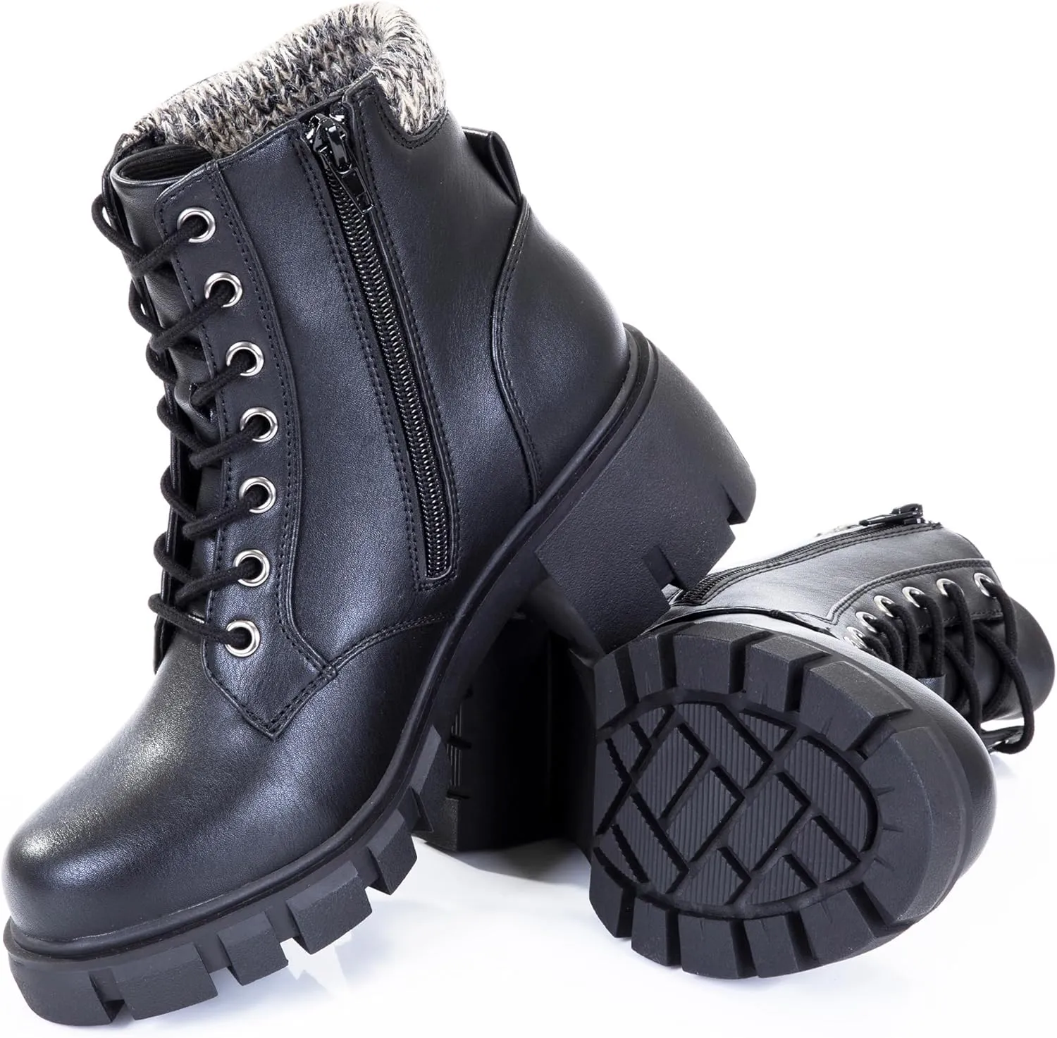 Women's Lace Up Combat Platform Ankle Boots With Thick Sole, Side Zipper Shoes Mid Calf Booties for Lady 2301-2302-2403