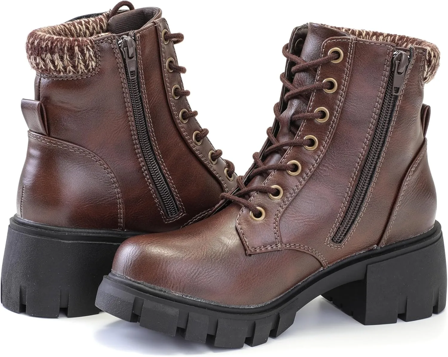 Women's Lace Up Combat Platform Ankle Boots With Thick Sole, Side Zipper Shoes Mid Calf Booties for Lady 2301-2302-2403