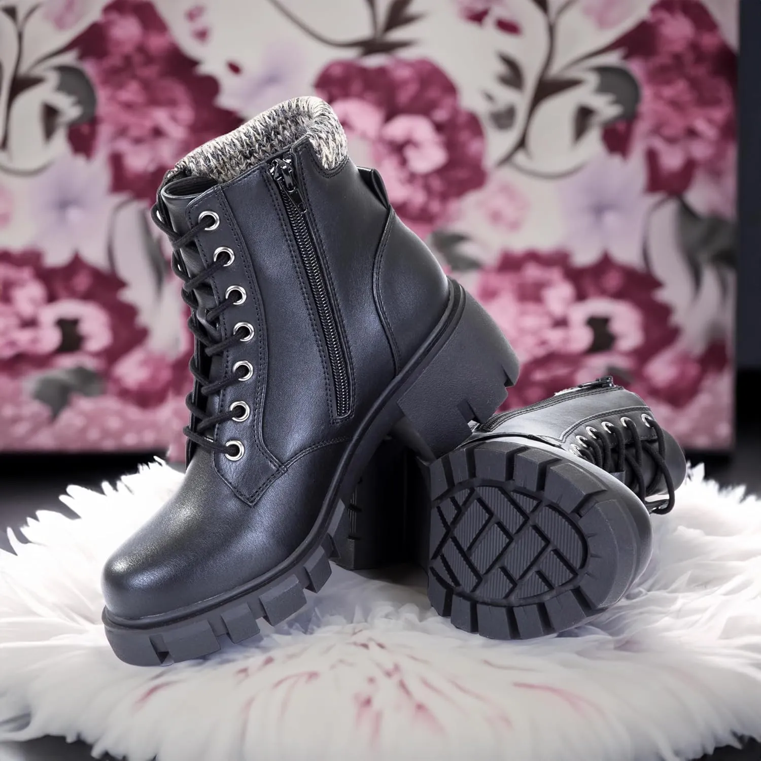 Women's Lace Up Combat Platform Ankle Boots With Thick Sole, Side Zipper Shoes Mid Calf Booties for Lady 2301-2302-2403