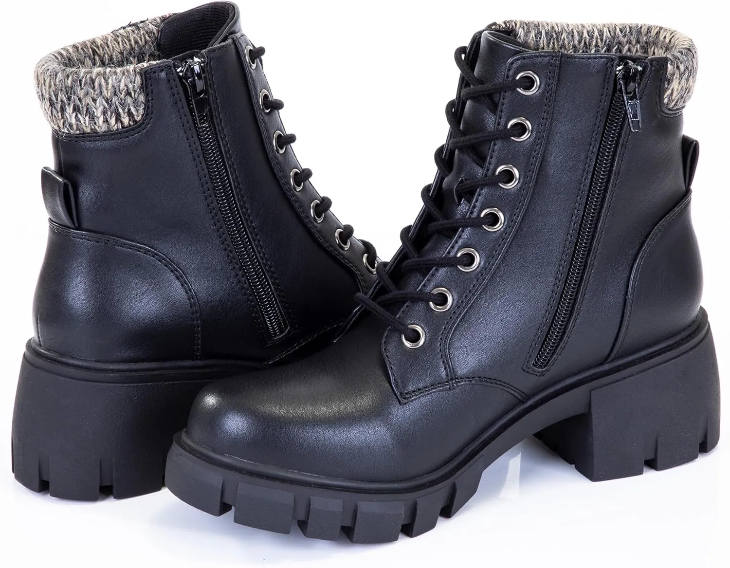 Women's Lace Up Combat Platform Ankle Boots With Thick Sole, Side Zipper Shoes Mid Calf Booties for Lady 2301-2302-2403