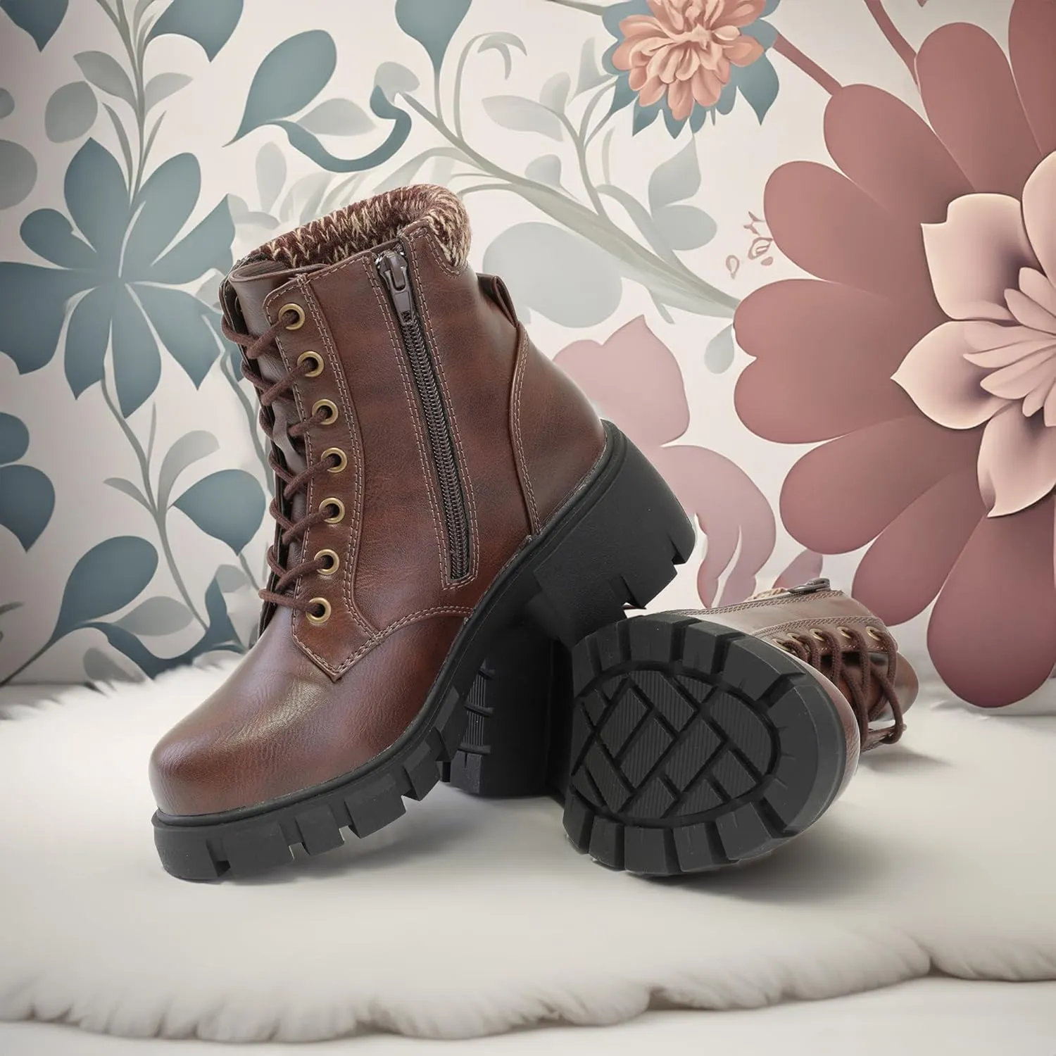 Women's Lace Up Combat Platform Ankle Boots With Thick Sole, Side Zipper Shoes Mid Calf Booties for Lady 2301-2302-2403