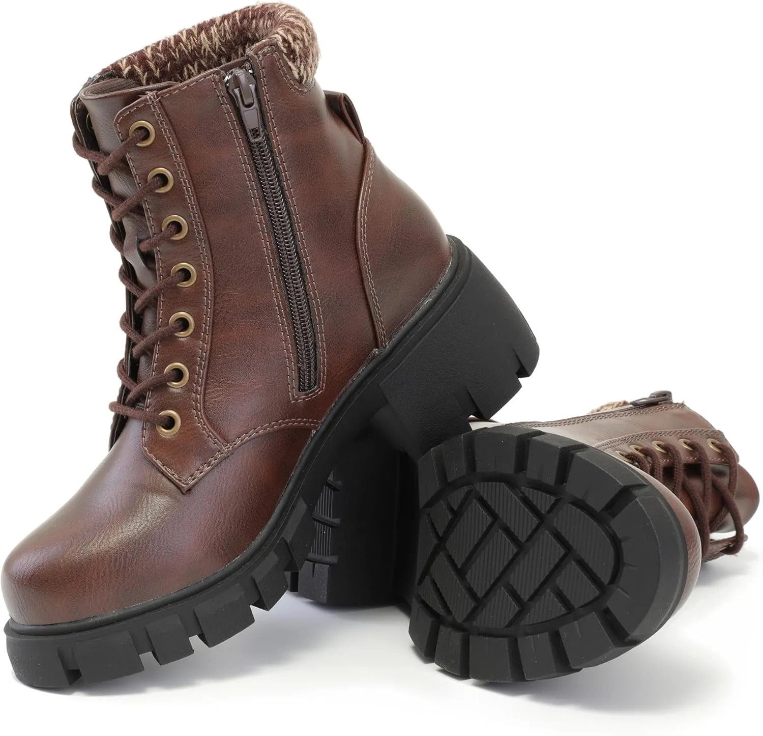 Women's Lace Up Combat Platform Ankle Boots With Thick Sole, Side Zipper Shoes Mid Calf Booties for Lady 2301-2302-2403
