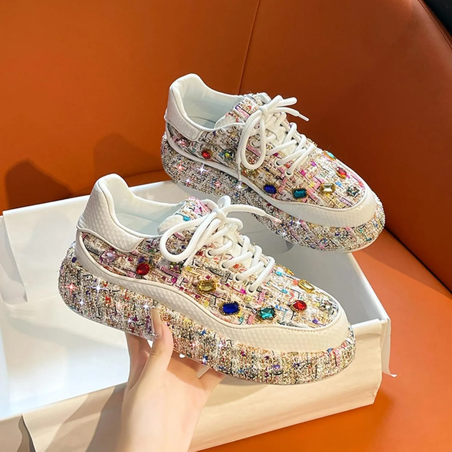 Women's Lace Up Platform Woven Sneakers Comfortable Fashion Sneaker Low Top Chunky Walking Shoes, Women's Platform Sneakers Rhinestone Fashion Chunky Casual Tennis Shoes