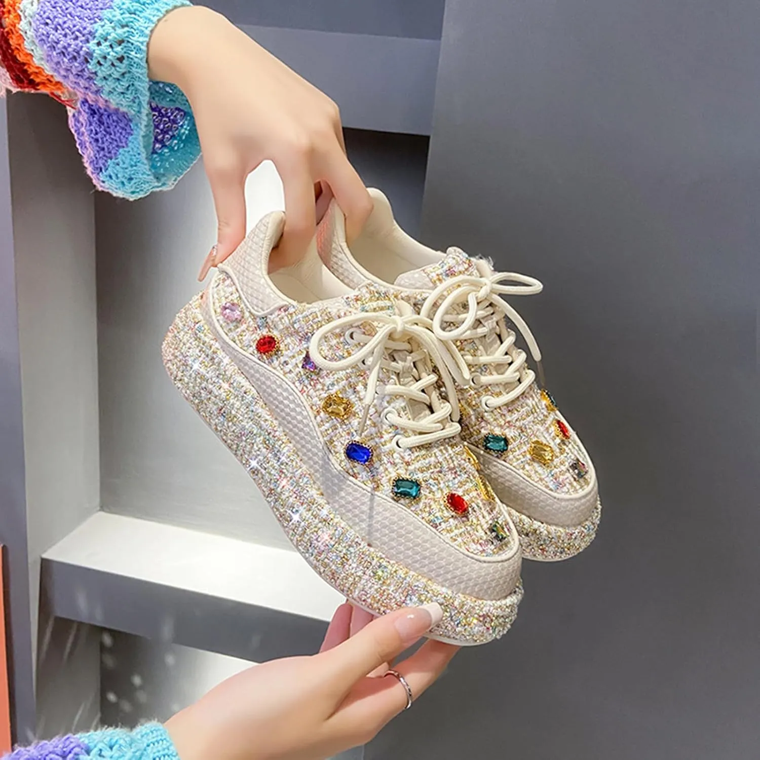 Women's Lace Up Platform Woven Sneakers Comfortable Fashion Sneaker Low Top Chunky Walking Shoes, Women's Platform Sneakers Rhinestone Fashion Chunky Casual Tennis Shoes