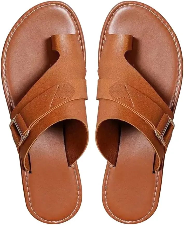 Women's Leather Flip Flops Open Toe Slip On Strap Thong Beach Flat Slides Sandals