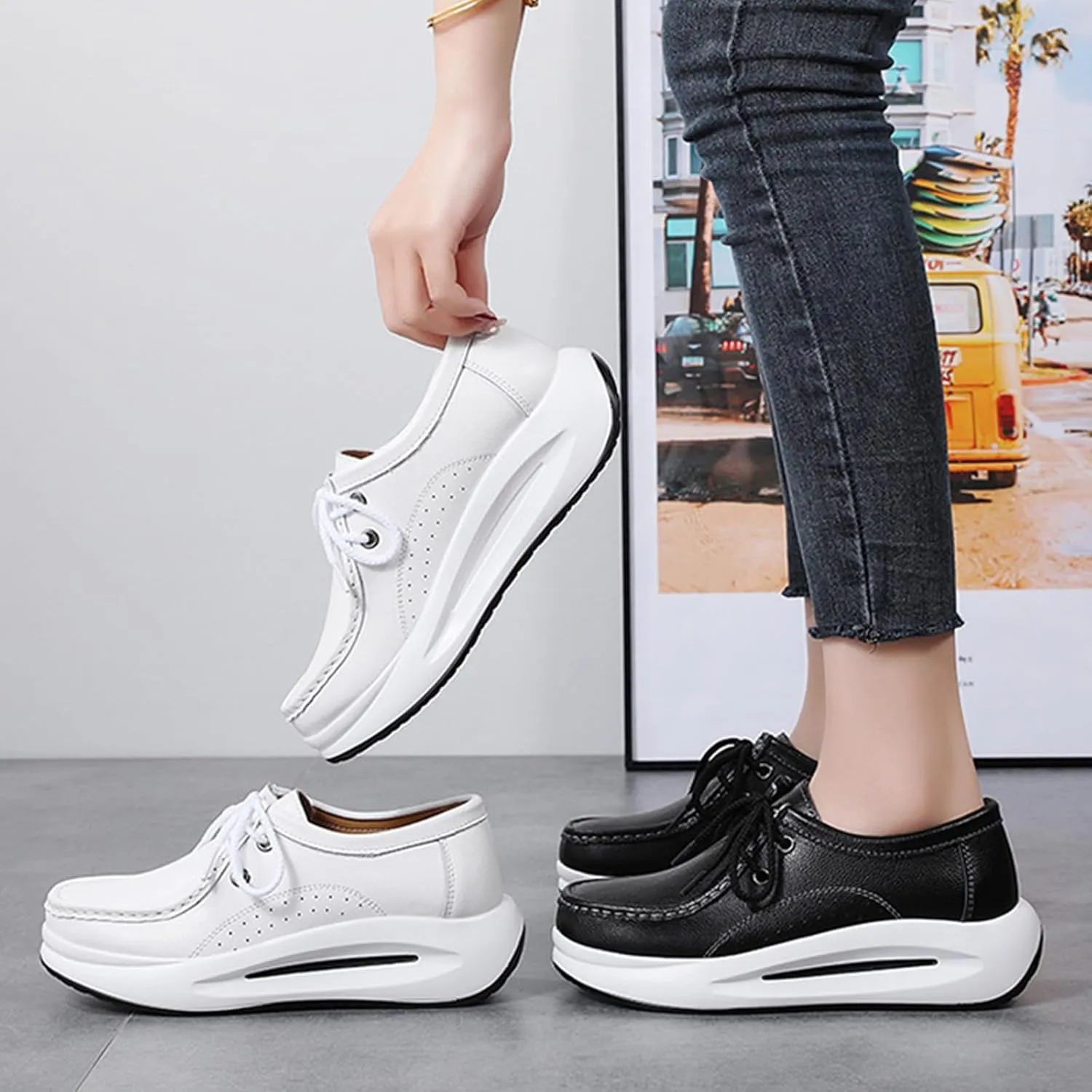 Women's Leather Platform Wedges Oxfords with Arch Support Round Toe Lace Up Business Work Office Dress Shoes Non-Slip Increase Height Nurse Walking Shoes