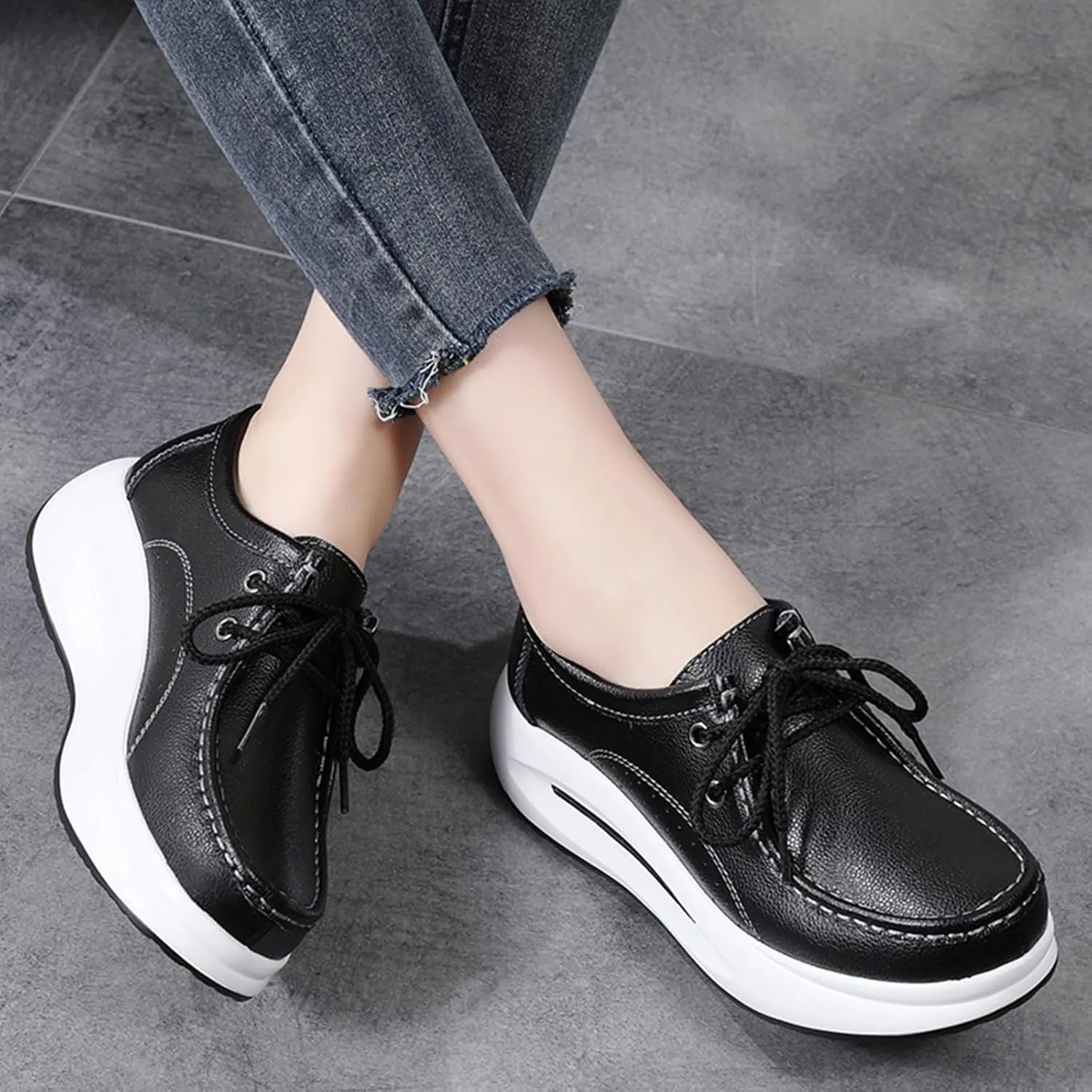 Women's Leather Platform Wedges Oxfords with Arch Support Round Toe Lace Up Business Work Office Dress Shoes Non-Slip Increase Height Nurse Walking Shoes