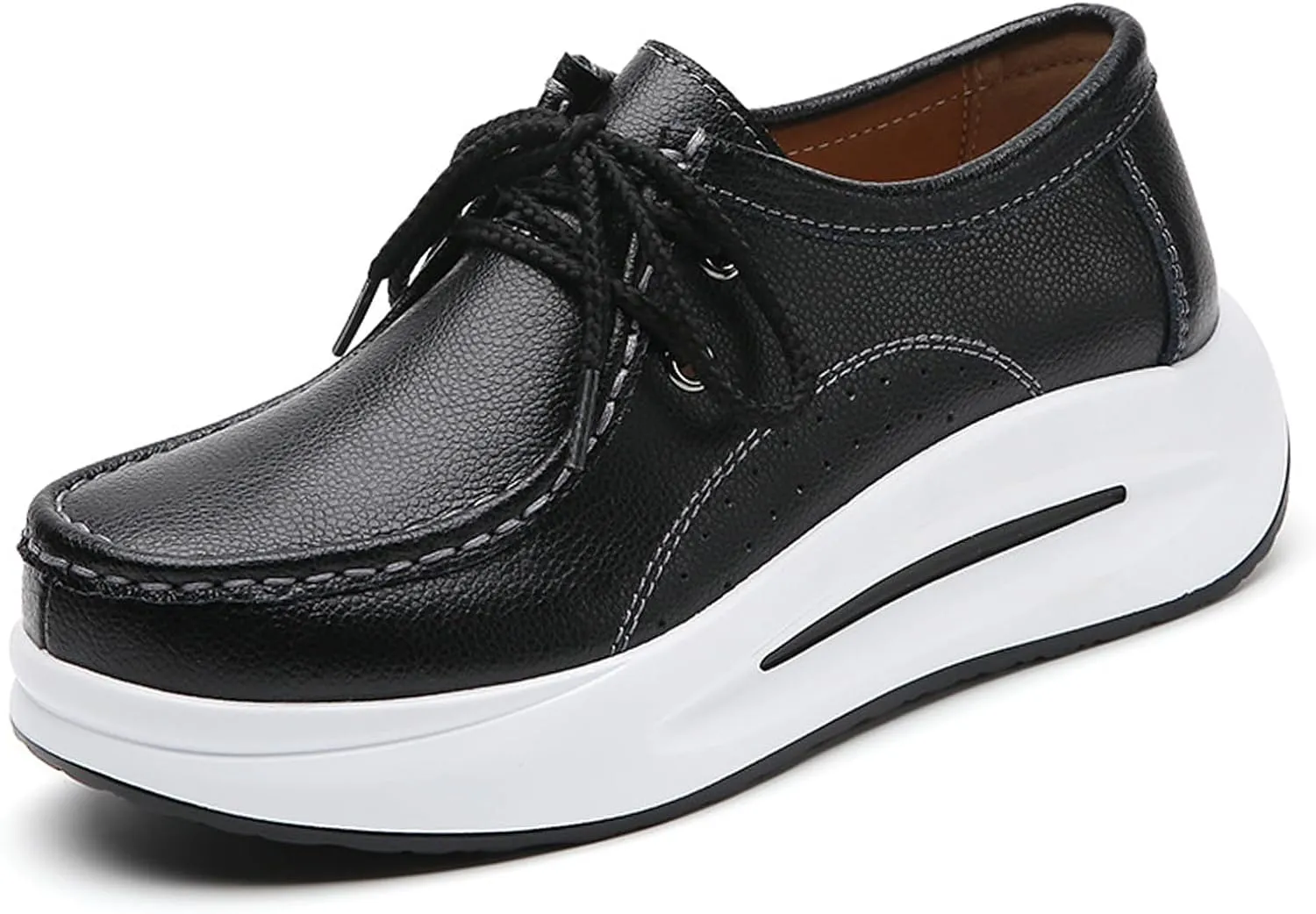 Women's Leather Platform Wedges Oxfords with Arch Support Round Toe Lace Up Business Work Office Dress Shoes Non-Slip Increase Height Nurse Walking Shoes