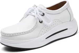 Women's Leather Platform Wedges Oxfords with Arch Support Round Toe Lace Up Business Work Office Dress Shoes Non-Slip Increase Height Nurse Walking Shoes