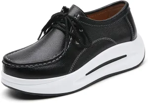 Women's Leather Platform Wedges Oxfords with Arch Support Round Toe Lace Up Business Work Office Dress Shoes Non-Slip Increase Height Nurse Walking Shoes