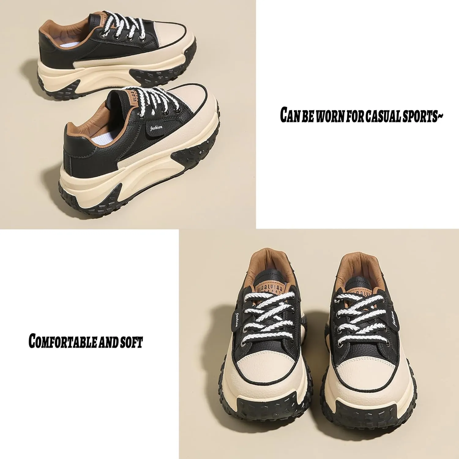 Women's Leather Soft Casual Sneakers,Lace-Up Platform Sneakers,Anti-Slip Shock Absorbing Heighten Fashion Running Sneakers