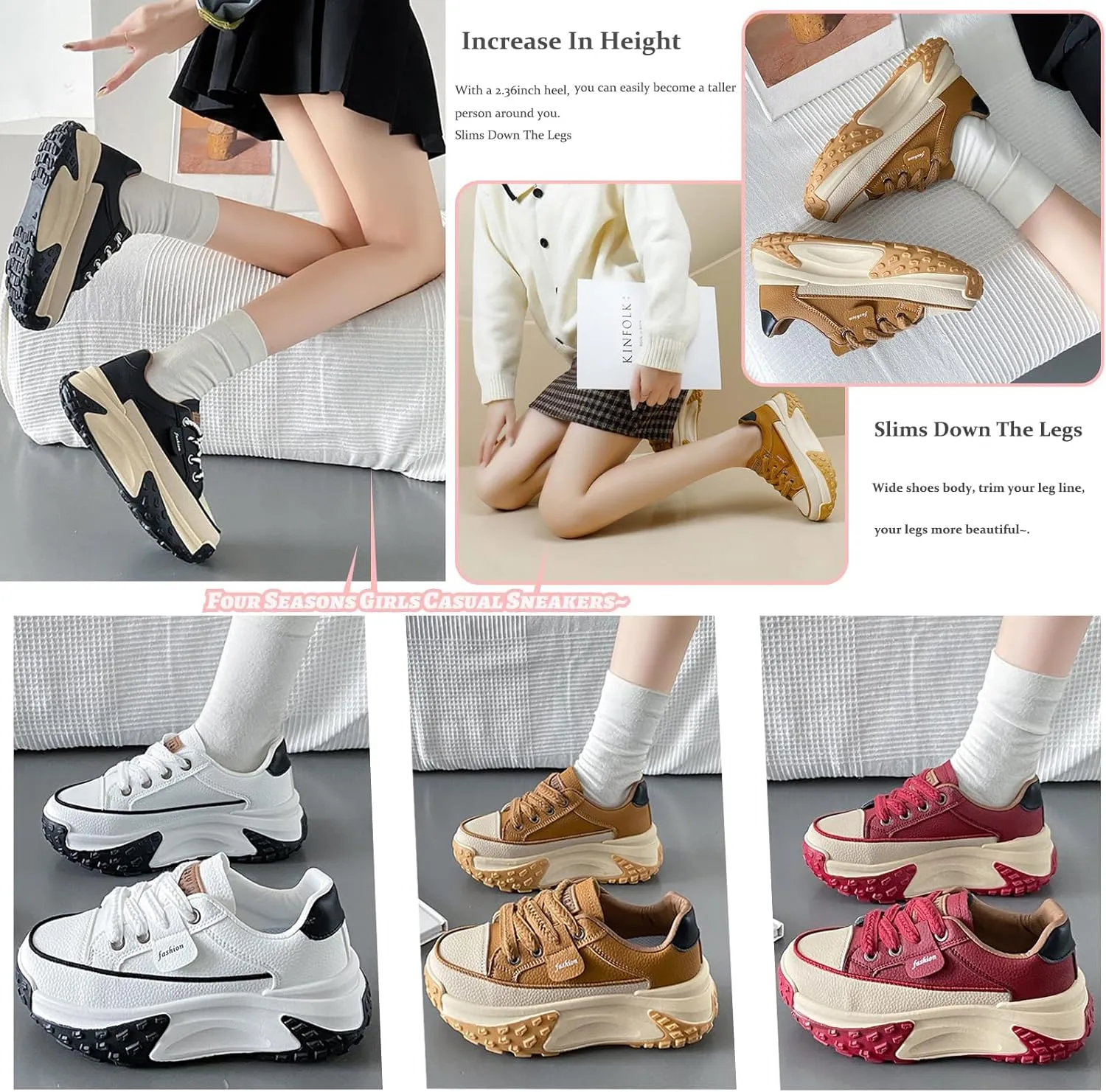 Women's Leather Soft Casual Sneakers,Lace-Up Platform Sneakers,Anti-Slip Shock Absorbing Heighten Fashion Running Sneakers