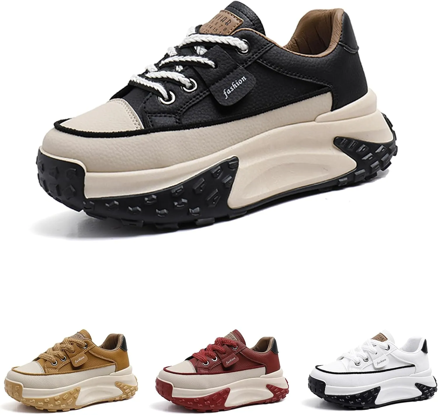 Women's Leather Soft Casual Sneakers,Lace-Up Platform Sneakers,Anti-Slip Shock Absorbing Heighten Fashion Running Sneakers
