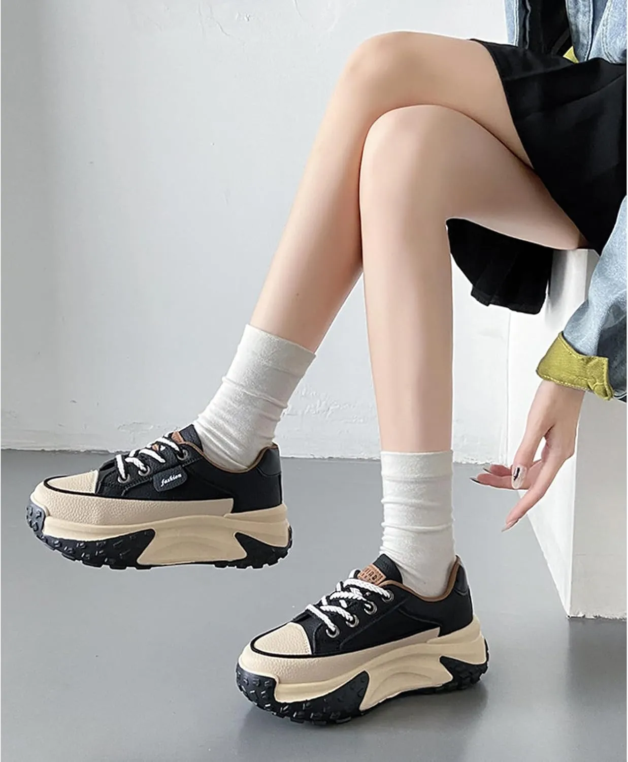 Women's Leather Soft Casual Sneakers,Lace-Up Platform Sneakers,Anti-Slip Shock Absorbing Heighten Fashion Running Sneakers