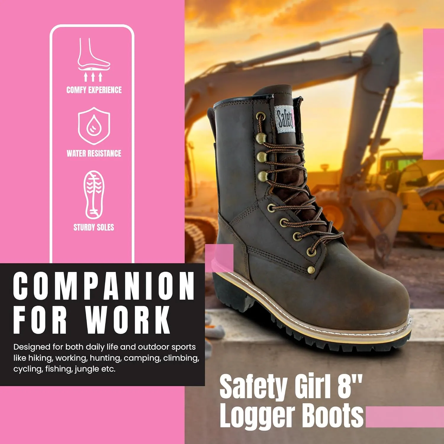 Women's Logger Boots - 6M | Construction Boots for Women with Steel Toe, Water-Resistant Full-Grain Leather, Cushioned Insole, Goodyear Welt Outsole | 8" Logger Work Boots - Dark Brown