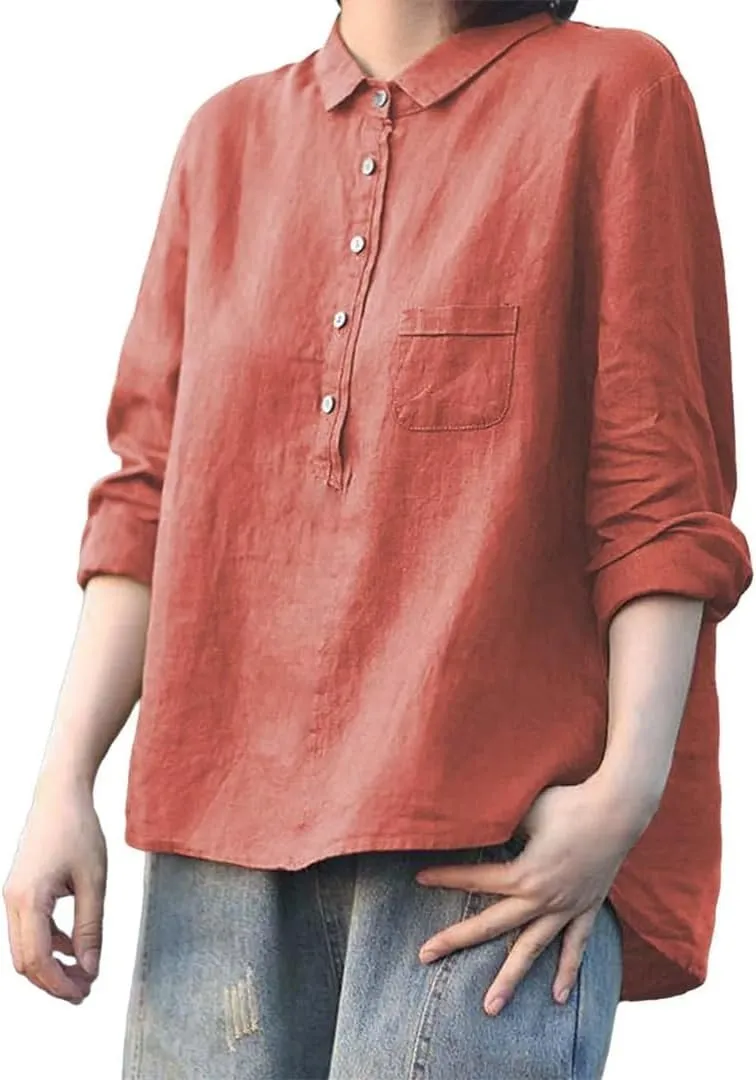 Women's Long Sleeve Blouse Loose Casual Button Tops Vintage Cotton Linen Shirts