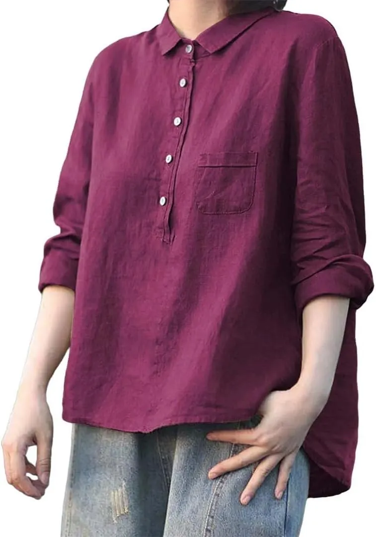 Women's Long Sleeve Blouse Loose Casual Button Tops Vintage Cotton Linen Shirts