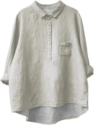 Women's Long Sleeve Blouse Loose Casual Button Tops Vintage Cotton Linen Shirts