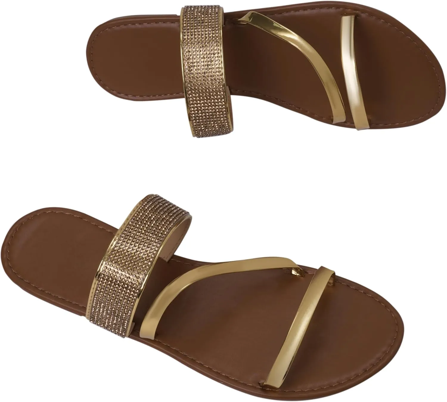 Women's Metallic Cross Strap Strappy Rhinestone Open Toe Slip On Dressy Flat Sandals Slippers