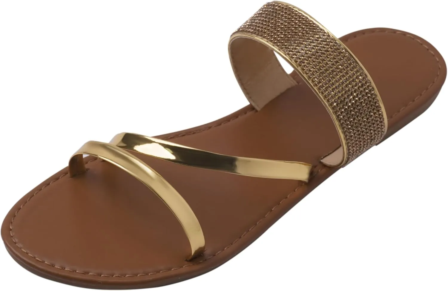 Women's Metallic Cross Strap Strappy Rhinestone Open Toe Slip On Dressy Flat Sandals Slippers