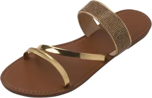 Women's Metallic Cross Strap Strappy Rhinestone Open Toe Slip On Dressy Flat Sandals Slippers