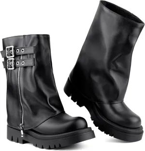 Women's Mid Calf Boots Fold Over Buckle Moto Biker Boots for Women