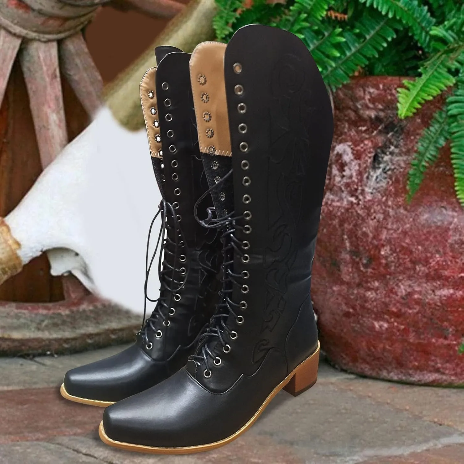 Women's Mid Calf Boots w Adjustable Laces Platform Casual Motorcycle Military Biker Goth Gothic Victorian Boots Knee High Boots Retro Embroidered Snip Toe Chunky Heel Fashion Shoes