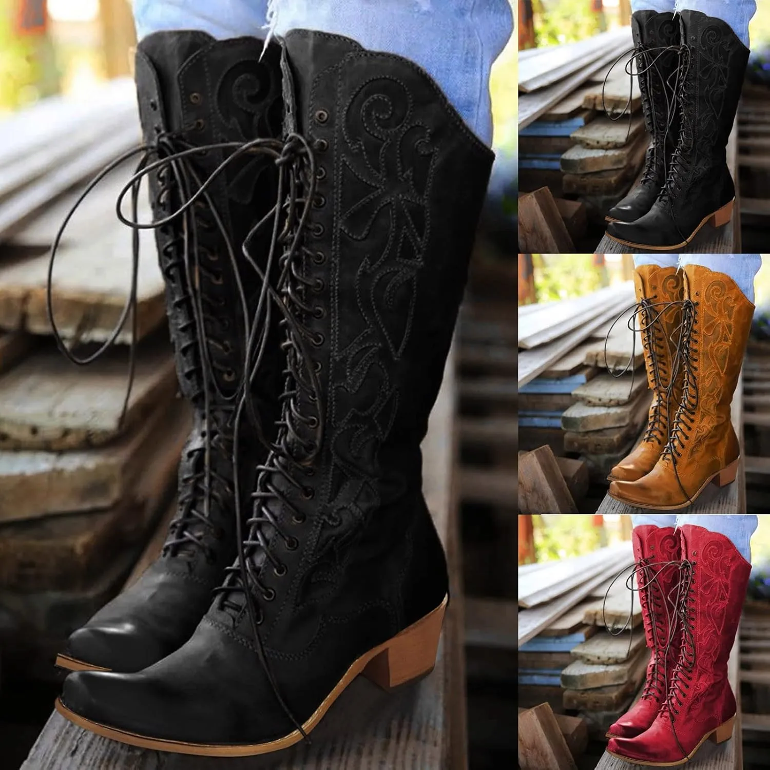 Women's Mid Calf Boots w Adjustable Laces Platform Casual Motorcycle Military Biker Goth Gothic Victorian Boots Knee High Boots Retro Embroidered Snip Toe Chunky Heel Fashion Shoes
